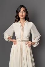 Caftan Ghita avec pantalon écru doré - takchita marocaine de mariée à commander en ligne
