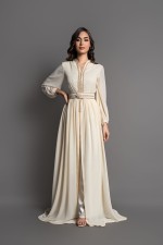 Takchita marocaine moderne avec pantalon écru doré - Caftan Ghita sur mesure