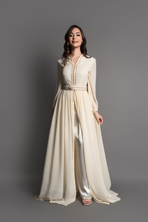 Acheter takchita marocaine avec pantalon écru doré à Nice - Caftan Ghita