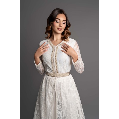 Caftan Edwige - Elegance and Sophistication in a White Lace and Ivory Silk Satin Ensemble