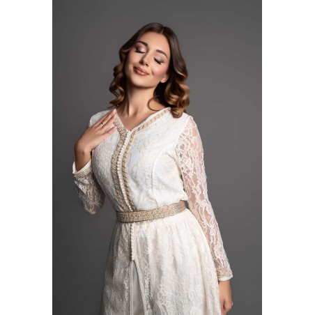 Caftan Edwige - Elegance and Sophistication in a White Lace and Ivory Silk Satin Ensemble
