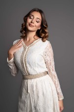 Acheter caftan marocain mariage avec pantalon écru doré - Caftan Nadira