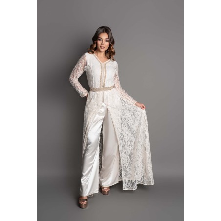 Caftan Edwige - Elegance and Sophistication in a White Lace and Ivory Silk Satin Ensemble