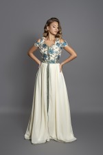 Caftan Yasna moderne brocart vert ivoire - takchita marocaine mariage livraison Paris