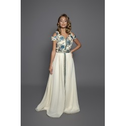 Marokkanische Takchita kaufen modern Brokat Grün Elfenbein - Kaftan Yasna