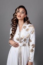 Acheter takchita marocaine brocart blanc doré col montant à Lille - Caftan Chahra
