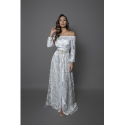 Takchita marroquí cuello barco blanco plateado - Caftán Bahia - venta online Barcelona