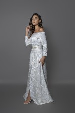 Caftan Bahia, caftan marocain takchita marocaine haute couture col bateau blanc argenté