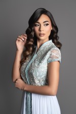 Acheter caftan marocain mariage avec pantalon vert pâle - Caftan Jinane