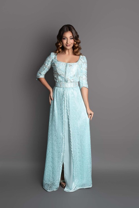 Commander takchita marocaine coupe ajustée bleu ciel argenté - Caftan Azhar