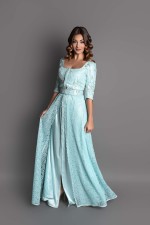 Caftan Azhar - caftan marocain de mariée coupe ajustée bleu ciel argenté expédié à Lyon