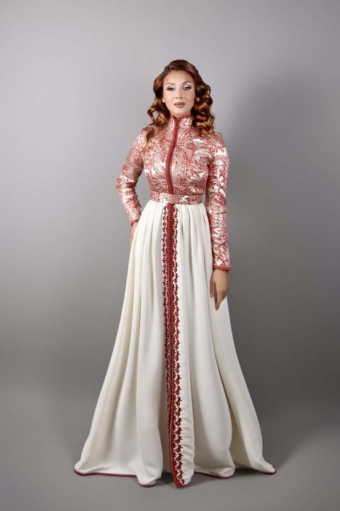 Acheter takchita marocaine mariage modeste rouge écru - Caftan Chama