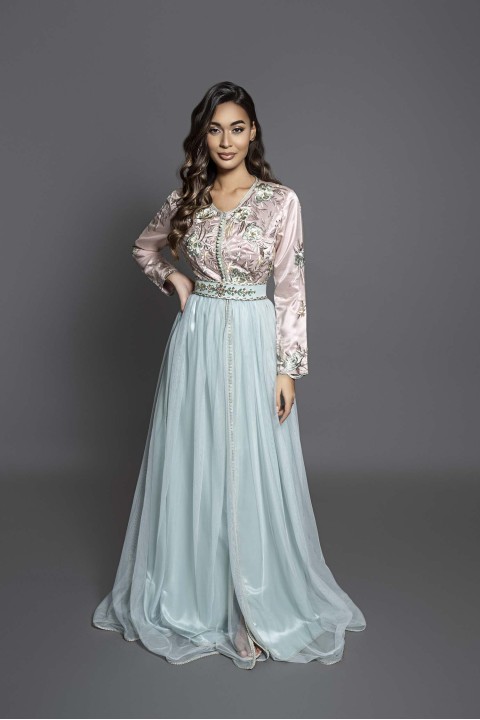 Acheter caftan marocain mariage tulle brodé vert rose - Caftan Yamna