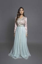 Caftan Yamna tulle brodé vert rose - takchita marocaine mariage livraison Bruxelles