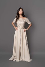 Caftan Joudia - takchita marocaine de mariée beige argenté