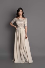 Acheter caftan marocain mariage beige argenté - Caftan Joudia