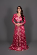 Takchita Roummana, caftan marocain takchita marocaine haute couture deux pièces traditionnel vert argenté