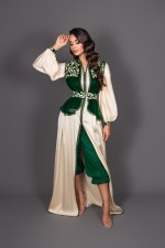 Takchita marocaine moderne avec pantalon vert doré - Caftan Imane sur mesure