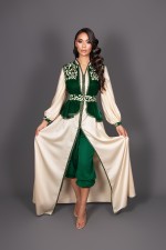 Acheter caftan marocain mariage moderne avec pantalon vert doré - Caftan Imane