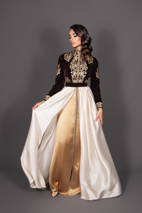 Acheter takchita marocaine velours brodé marron doré à Toulouse - Caftan Assia