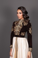 Acheter takchita marocaine mariage velours brodé marron doré - Caftan Assia