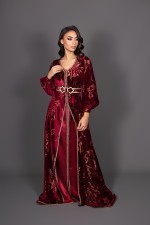 Takchita marocaine moderne deux pièces velours bordeaux doré - Caftan Garnata sur mesure