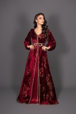 Acheter caftan marocain mariage deux pièces velours bordeaux doré - Caftan Garnata
