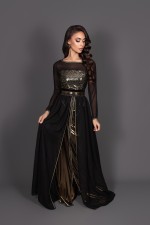 Acheter takchita marocaine moderne de soirée noir doré à Paris - Caftan Kamaria
