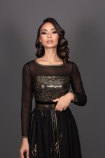 Takchita marocaine de cérémonie brodée main moderne de soirée noir doré - Caftan Kamaria
