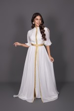 Caftan Aya - tenue de mariée marocaine blanc doré soie