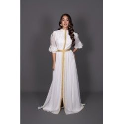 Caftan Blanc & Doré – Élégance et Raffinement Marocain
