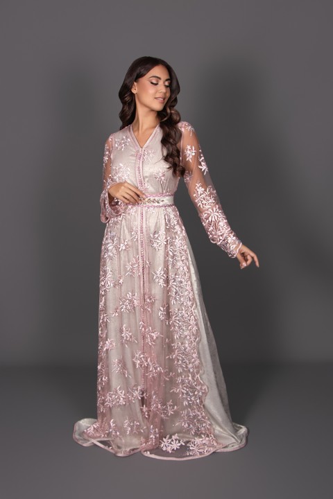 Takchita Lilya deux pièces rose argenté - takchita marocaine mariage livraison Lille
