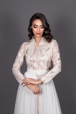 Caftan Nesma Rose col montant rose ivoire - takchita marocaine mariage livraison Nantes