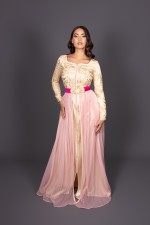Caftan Chourouk jaune rose fuchsia - takchita marocaine mariage livraison Rabat