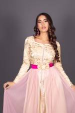 Takchita marocaine de cérémonie brodée main jaune rose fuchsia - Caftan Chourouk