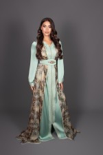 Caftan Lawza - takchita marocaine soie mousseline vert amande prix et livraison