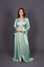 Caftan marocain fluide vert amande ivoire - Caftan Louiza - vente en ligne Oran