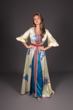 Caftan Fayrouz deux pièces crêpe turquoise - takchita marocaine de mariée à commander en ligne