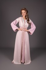 Takchita marocaine de cérémonie brodée main deux pièces traditionnel vieux rose bleu ciel - Caftan Nawal