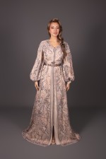 Caftan Jannate manches bouffantes dentelle beige - takchita marocaine de mariée à commander en ligne