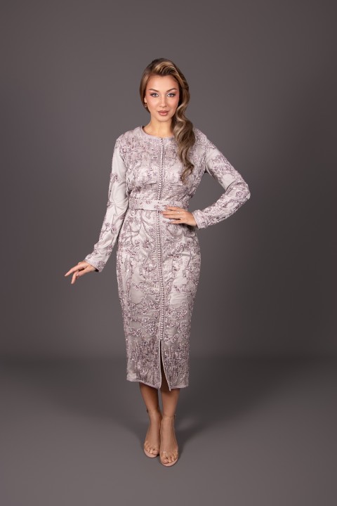 Caftan marocain mauve crêpe dentelle - Caftan Mellia - vente en ligne Marseille