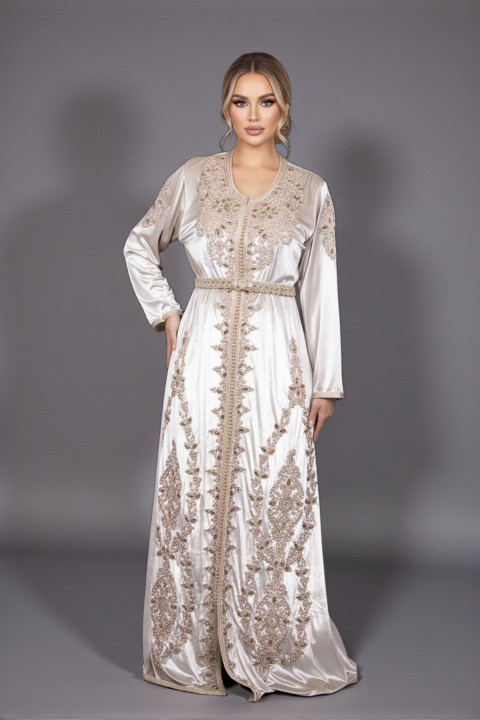Caftan marocain de cérémonie brodé main velours nude bronze - Caftan Anbar