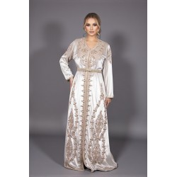 Handgeborduurde ceremoniekaftan fluweel nude brons - Kaftan Anbar