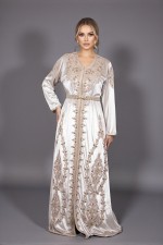 Caftan marocain de cérémonie brodé main velours nude bronze - Caftan Anbar
