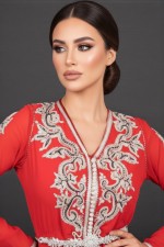 Caftan Hamra - takchita marocaine rouge mousseline satin prix et livraison