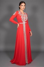 Takchita marocaine moderne rouge mousseline satin - Caftan Hamra sur mesure