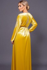 Acheter caftan marocain velours jaune bronze à Paris - Caftan Souira