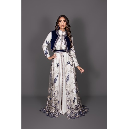 Kaftan Nessima - high neck lace ivory blue