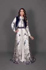 Acheter takchita marocaine mariage col montant dentelle ivoire bleu - Caftan Nessima