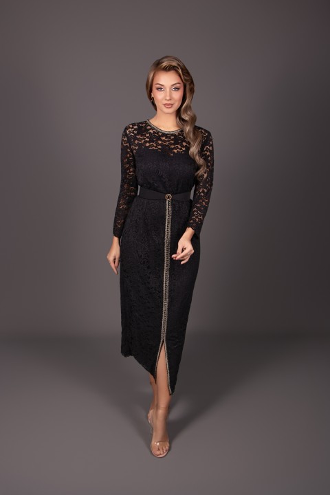 Caftan marocain de cérémonie brodé main dentelle noir - Caftan Sahar